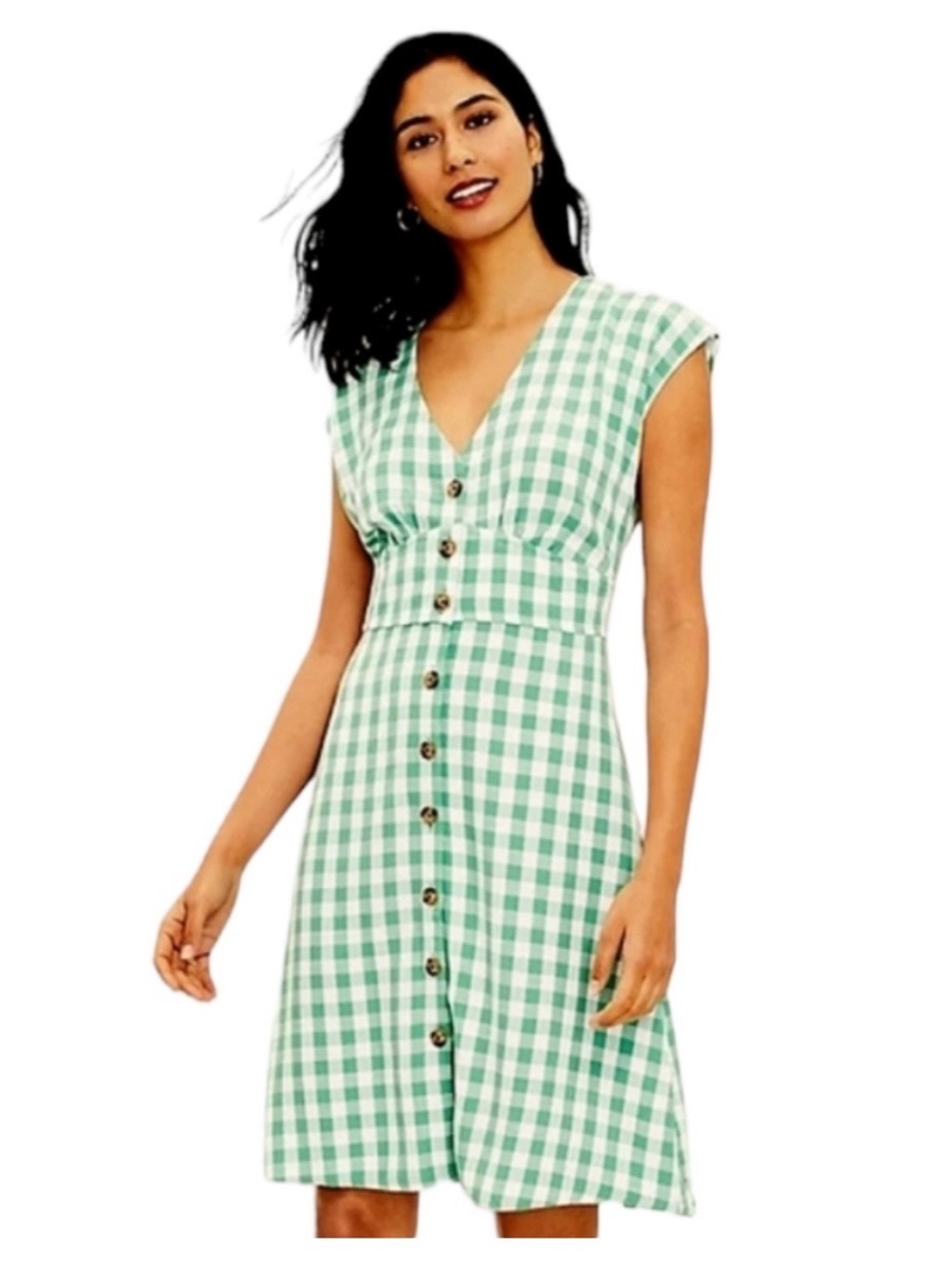 LOFT Green and White Gingham Button-Front Dress fit and flare - Picture 4 of 6